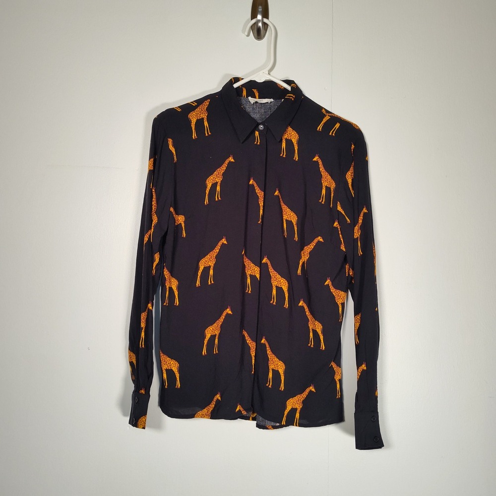 Sugarhill Brighton Joy Shirt Black Giraffe Print Button Down Novelty Animal US 6